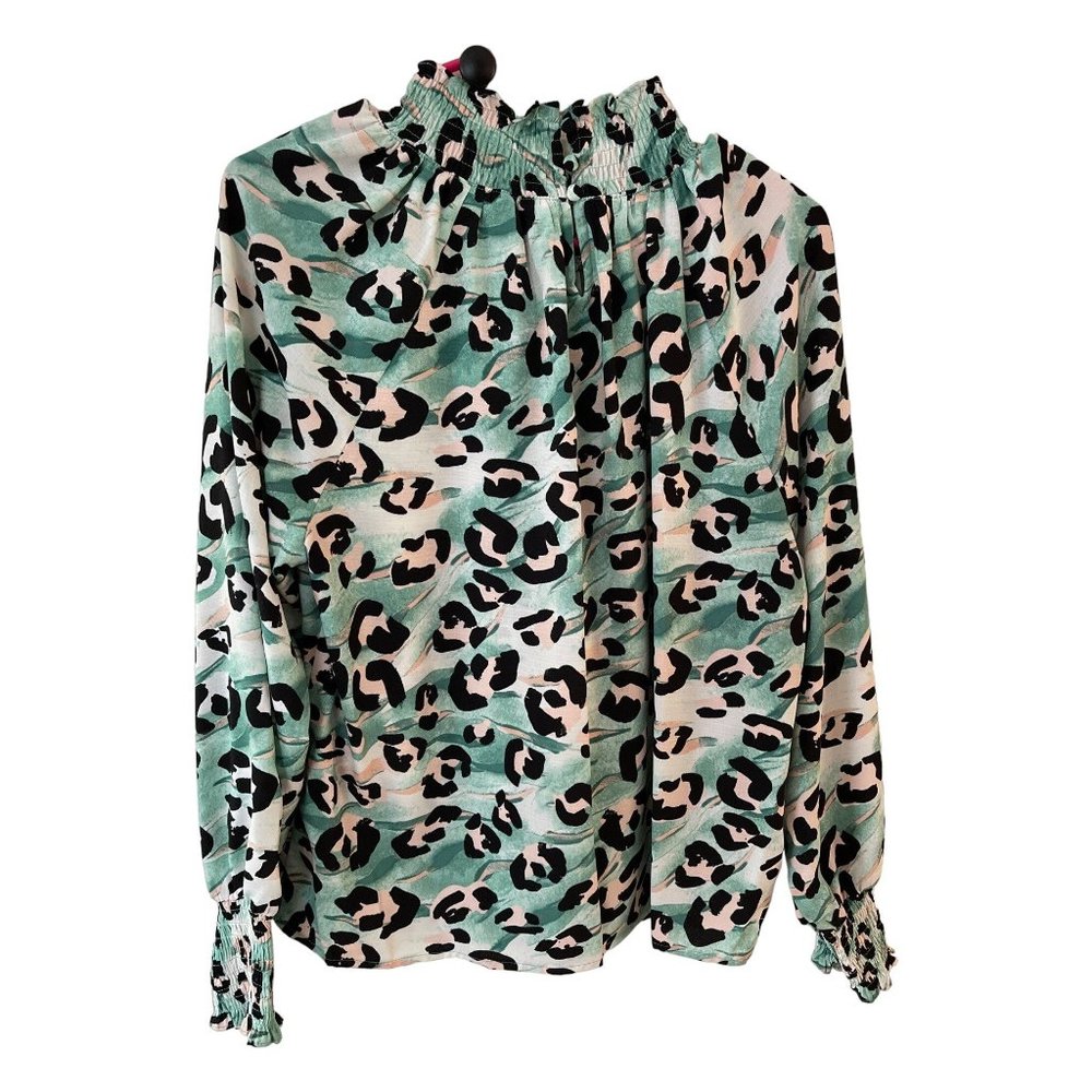 Nine West Leopard Print Mock Neck Blouse Green Elastic Frills Shirred Top Size L - Picture 3 of 10